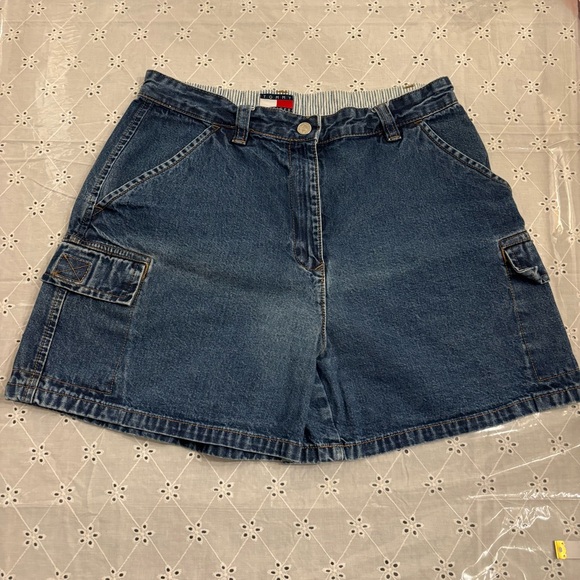 Tommy Hillfiger Vintage Blue Denim High Rise Cargo Shorts 💯 Cotton Size 10 - Picture 1 of 7